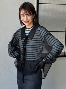 FRIFUL 女士休闲透明网眼衬衫，春秋长袖上衣 - 黑色 - 查看 5