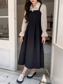 DAZY Vestido corto elegante de manga larga con solapa a color, vestido de camisa con volantes