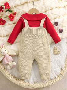 Baby Girl Fashionable Cute Versatile Knitted Suspender Pants And Knitted Top Set - Multicolor - View 2