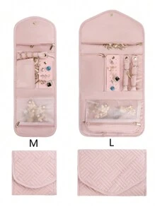 1 pieza Bolsa plegable de almacenamiento de joyas, organizador de estuche de joyas para viaje para aretes, collares, anillos, pulseras, broches, rosa, bolsa de maquillaje, organizador de joyas portátil, accesorio de viaje esencial, negro, rosa en talla M/L