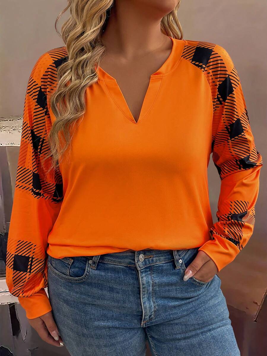 Plus Size V-Neck Long Sleeve Solid Color Patchwork Casual Sweatshirt, Fall Top Pullover - Coral Orange - View 1