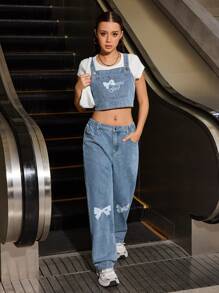 SHEIN Explorewe 女童休闲蝴蝶印花吊带背心和宽松裤子套装，春秋季