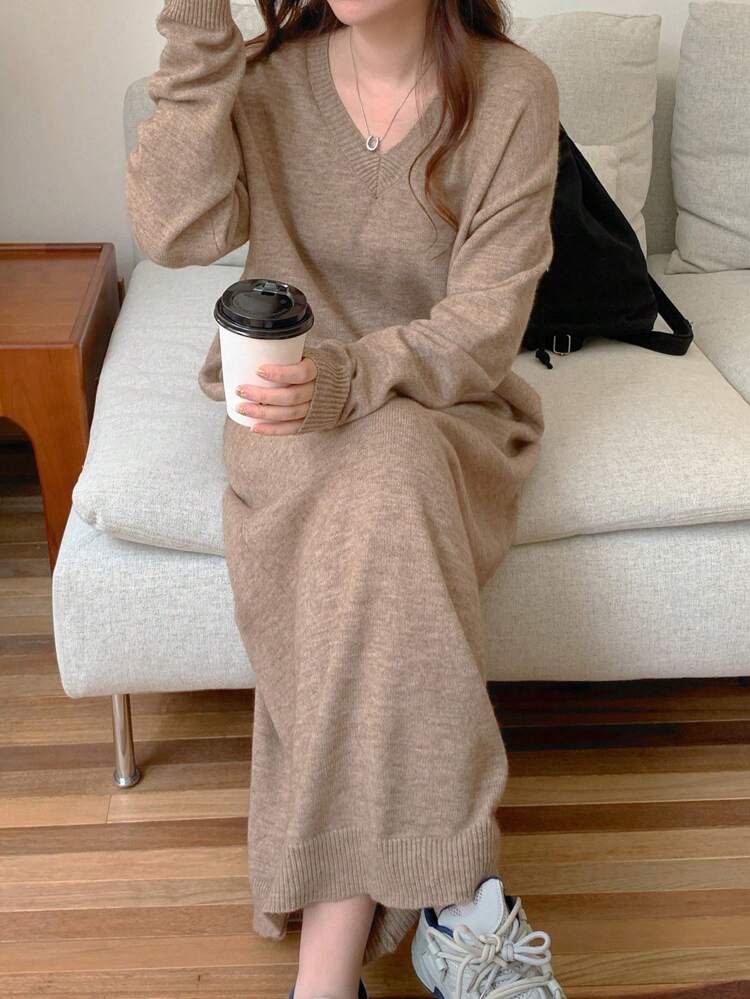 Women's Solid Color V-Neck Long Sleeve Loose Straight Casual Sweater Dress For Fall/Winter Thermal Lined