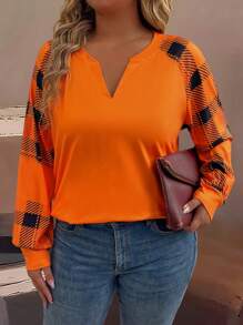 Plus Size V-Neck Long Sleeve Solid Color Patchwork Casual Sweatshirt, Fall Top Pullover - Coral Orange - View 5