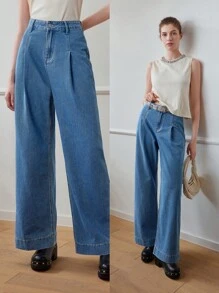 MOTF STUDIO SOLID FOLD PLEATED WIDE LEG JEANS