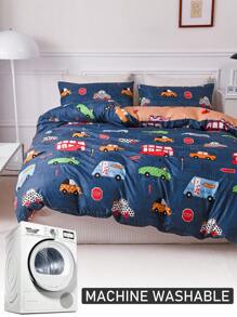 3 件汽车图案印花羽绒被套套装，可爱卡通返校宿舍床上用品套装，四季皆宜，柔软透气，可机洗（1 个羽绒被套 + 2 个枕套）