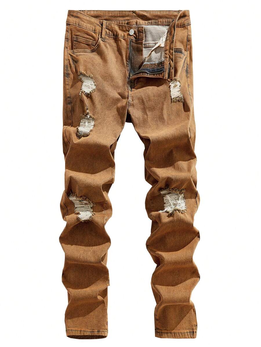 Manfinity LEGND Plus Size Men's Khaki Color Skinny Jeans, Frayed Jeans Plain Slim Fit Long Khaki Ripped Cargo Jeans, For Husband, Boyfriend Gifts