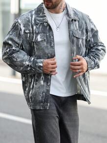 Manfinity Homme Plus Size Men's Random Print Long Sleeve Denim Jacket - Dark Grey - View 1