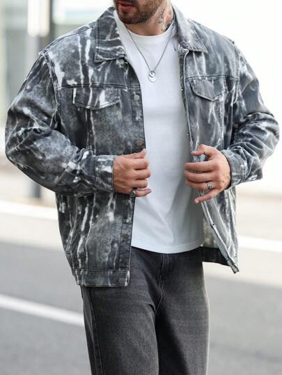 Manfinity Homme Plus Size Men's Random Print Long Sleeve Denim Jacket