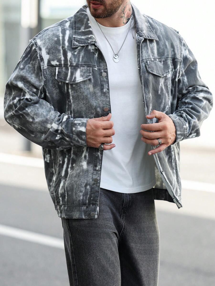 Manfinity Homme Plus Size Men's Random Print Long Sleeve Denim Jacket - Dark Grey - View 1