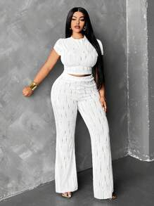 Allurite 2 piezas/Set Top de manga corta y pantalones de estar en casa de punto calado, talla grande - Blanco - Ver 1