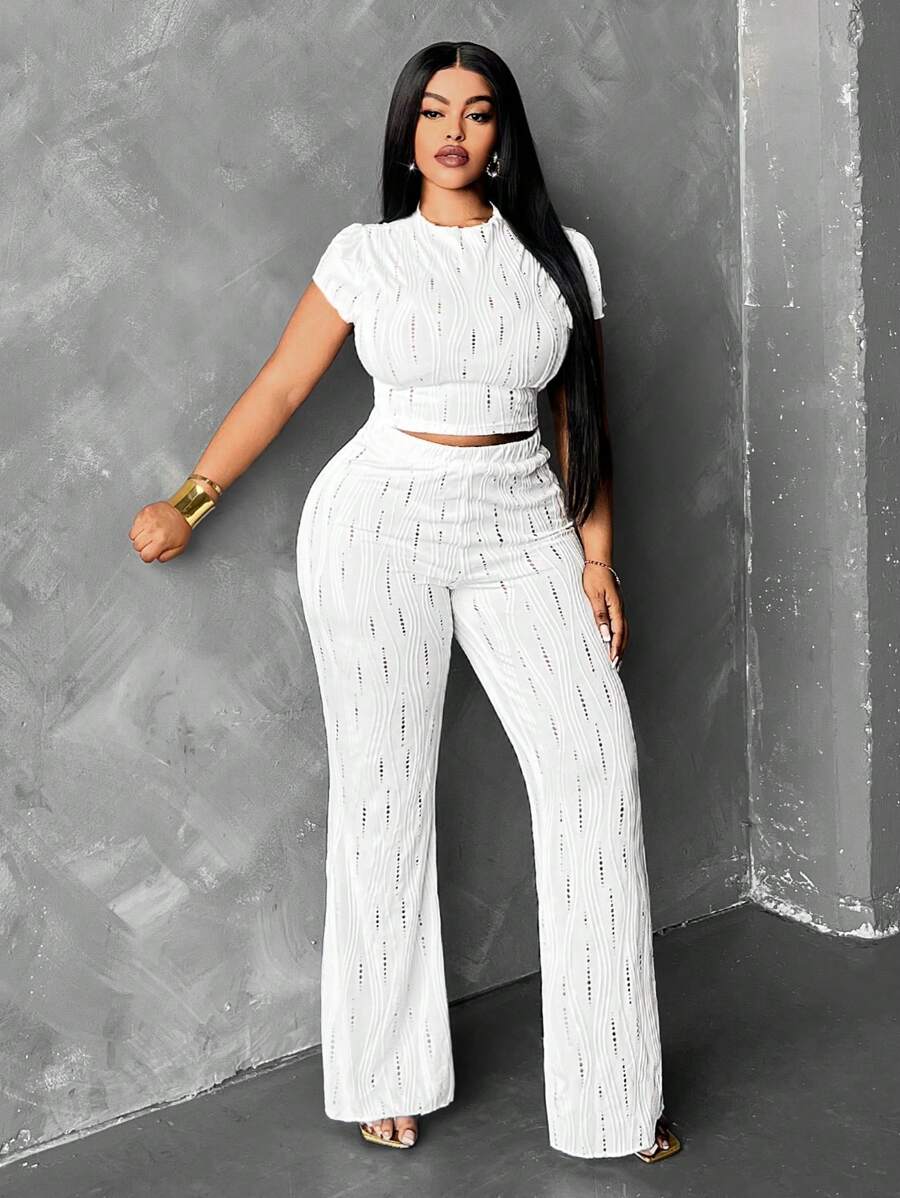 Allurite 2 piezas/Set Top de manga corta y pantalones de estar en casa de punto calado, talla grande - Blanco - Ver 1