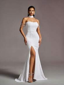 Faeriesty Wedding Dress Bridal Gown – Strapless Sweetheart Neckline With Cascading Beaded Chain Embellishments, Thigh-High Slit & Elegant Mermaid Train For Bridal Ceremonies, Church Weddings, Formal Galas, Evening Receptions, Luxury Red-Carpet Events,Bride