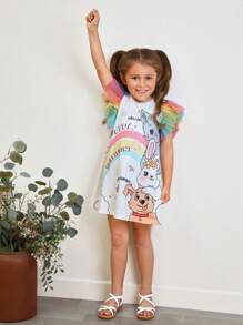 SHEIN Young Girl Cartoon Graphic Contrast Mesh Ruffle Trim Dress - Multicolor - View 5