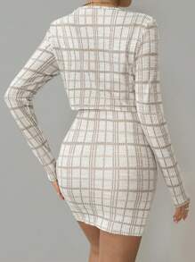 Chiquease 女士格子长袖夹克和短款吊带裙套装 - 杏色 - 查看 2