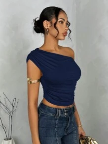 SHEIN BAE 女士纯色褶皱不对称肩部夏季衬衫