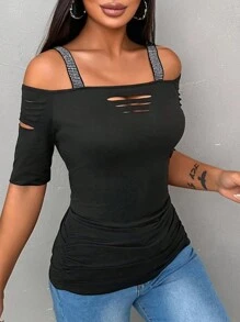 EMERY ROSE Sexy Cutout Shoulder Rhinestone Bodycon Short Sleeve Top, Fashionable Women T-Shirt, Autumn Black Top - Black - View 6