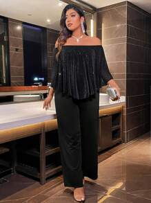 Plus Size One-Piece Jumpsuit With Off Shoulder, Chic And Elegant For Early Autumn - Black - View 4