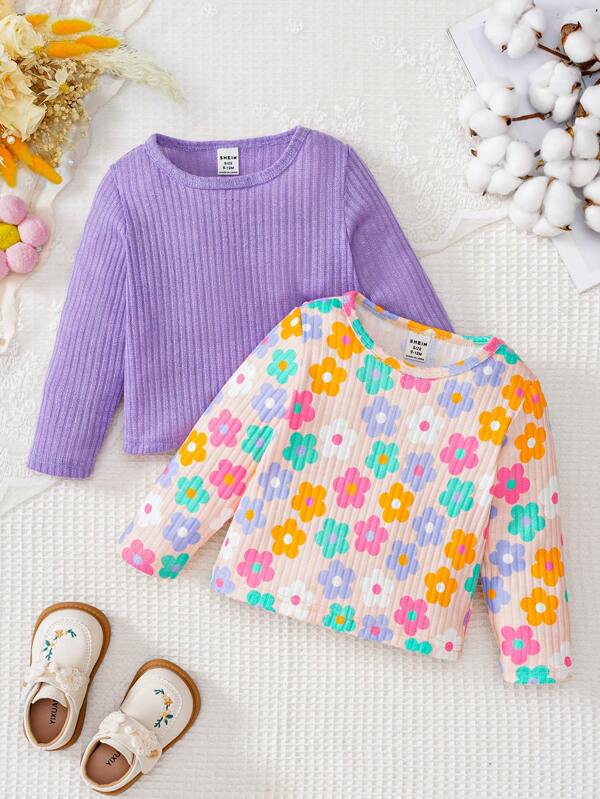 SHEIN Playful Pals 2pcs Baby Girl Floral Print Long Sleeve Tops Set Chic Outfits For Autumn/Winter