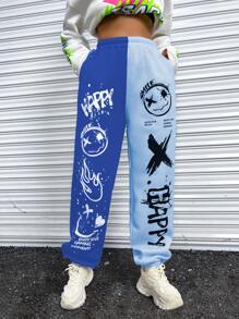 Tween Girls Casual Fashionable Smiling Face & Letter Print Colorblock Sweatpants - Multicolor - View 1