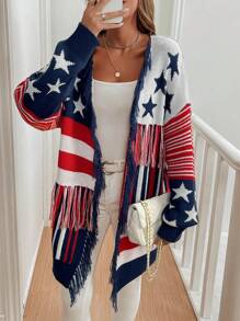 Chiquease Damen Cardigan mit Pentagramm Streifenmuster und Troddelverzierung