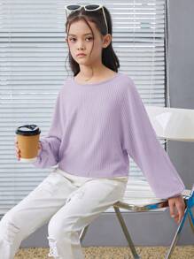 SHEIN Leap Crew Tween Girl Ribbed Loose Retro Cropped Long Sleeve T-Shirt - Mauve Purple - View 2