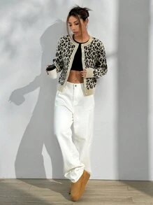 SHEIN Unity Fashionable Leopard Print Cardigan For Spring/Autumn,Long Sleeve Tops Fall Winter Cloth For Women - Multicolor - View 6