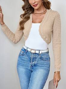 SHEIN Clasi Women Long Sleeve Hollow Cardigan Sweater - Apricot - View 4