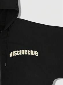 ROMWE MEN Street Life 男士蝙蝠袖字母图案印花拉链连帽衫，适合日常穿着，春夏款 - 黑色 - 查看 4