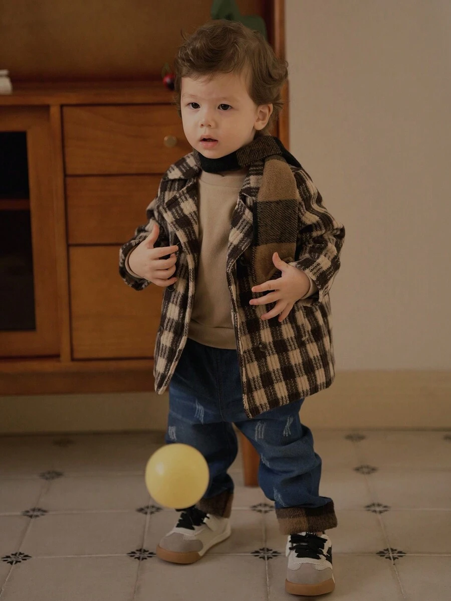 SHEIN Toddler Plaid Pattern Woolen Casual Jacket - Multicolor - View 1