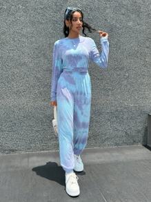 SHEIN Essnce Women's 2pcs Women's Tie Dye Crew Neck Long Sleeve Top And Pants Casual Set Street-Style Tie Dye Knit Crew Neck Long Sleeve Sweatshirt & Long Pants Sibling/Matching Outfits (Sold Separately) - Multicolor - View 9