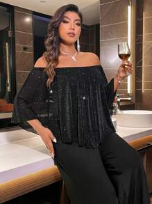 Plus Size One-Piece Jumpsuit With Off Shoulder, Chic And Elegant For Early Autumn - Black - View 6