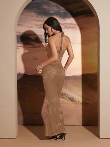 Hauture Sophisticated Lace Bodycon Dress With Halter Neckline And Strappy Cutout Detailing