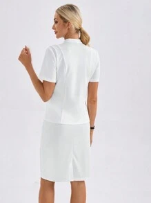 TaskEZ Camisa de trabajo de manga corta de unicolor con bolsillo para mujeres