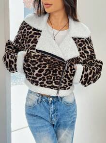 SHEIN EZwear 秋冬豹纹蓬松短外套，长袖 - 棕色 - 查看 6