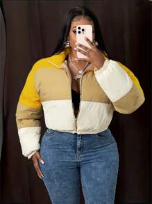 Slaydiva Plus Size Women's Daily & Casual & Streetwear Quilted Padded Coat With Shortened & Long Sleeve And Multi-Color Patchwork Design, Autumn/Winter - C