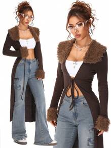 Coolane Y2K Fashion Vintage Rib Knit Flannelette Textured Lace Up Brown Long Cardigans
