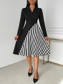 SHEIN Clasi Women's Elegant Long Sleeve Striped Printed Dress - Black - View 3