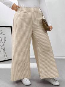 SHEIN Essnce Quần ống rộng kẻ sọc rộng rãi cỡ lớn - Màu be - Xem 3