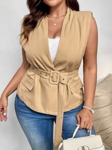 SHEIN Privé Plus Size Women Apricot Color Tie Front Suit Vest, New Arrival Fall - Khaki - View 7