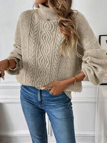 SHEIN LUNE Solid Color High Collar Cable Knit Casual Long Sleeve Sweater, Knit Pullover Fall Winter - Apricot - View 5