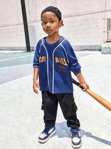 SHEIN 年轻男孩时尚运动滑板棒球篮球复古字母印花休闲圆领运动衫