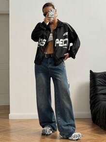 StreetHx Letter Print Contrast Trim Casual Jacket - Black - View 2
