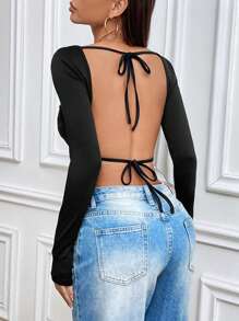 Allurite Women's Long Sleeve Backless Tie-String Tight-Fitting Black Top, Autumn,Club Tops,Party Tops - Black - View 1