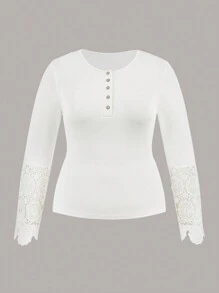 Slaydiva Women's Plus Size White T-Shirt,Everyday Smart Casual Slim Fit Silky Rib Knit Crew Neck Long Sleeve Lace Patchwork Elegant Top For Autumn,Spring - White - View 5