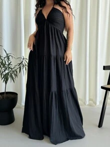 SHEIN CURVE+ 大码女式雪纺露背长款秋千连衣裙，白色，适合度假、婚礼、郊游、海滩约会波西米亚风度假