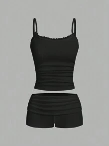 SHEIN EZwear 2 piezas Conjunto de top tipo camiseta y shorts de unicolor para mujer - Negro - Ver 1