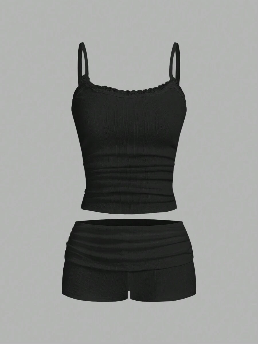 SHEIN EZwear 2 piezas Conjunto de top tipo camiseta y shorts de unicolor para mujer - Negro - Ver 1