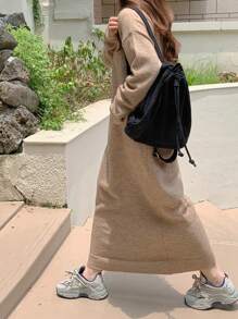 DAZY 女士纯色V领长袖宽松直筒休闲毛衣连衣裙，适合秋冬季保暖内衬 - 咖啡棕 - 查看 7