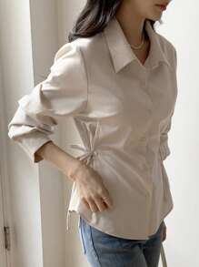 DAZY Camisa de mujer de unicolor, estilo de negocios casual con cuello de solapa, manga larga y cintura ceñida, ropa de otoño